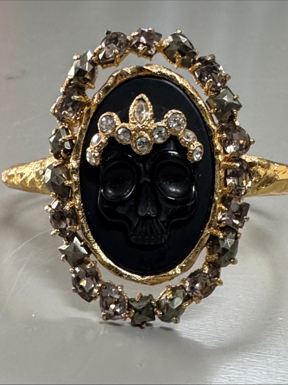 Alexis Bittar Gold and Black Skull Cameo Bracelet with Crystal Halo